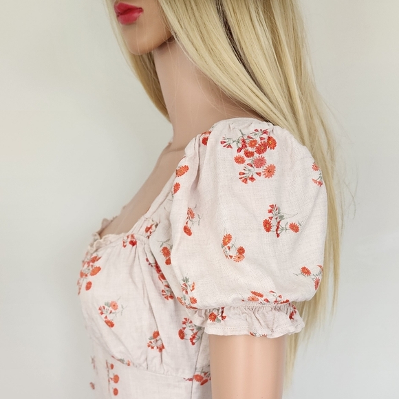 BARDOT FLORAL BEIGE SMOCKED COTTON CAP SLEEVES MINI SHORT SEXY DRESS 6 SMALL - Picture 5 of 14